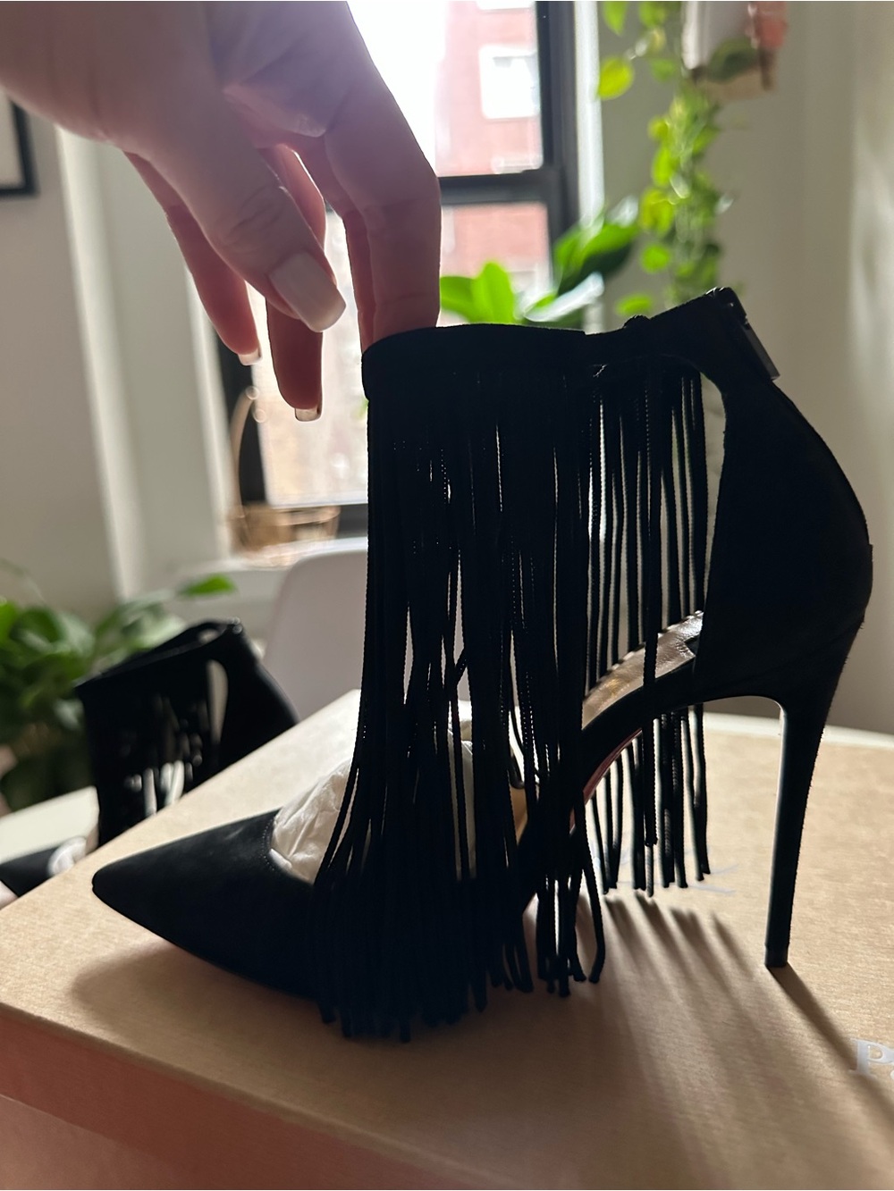 Christian Louboutin Black Suede Fringe Pointed Toe Stiletto Heels - Picture 4 of 12